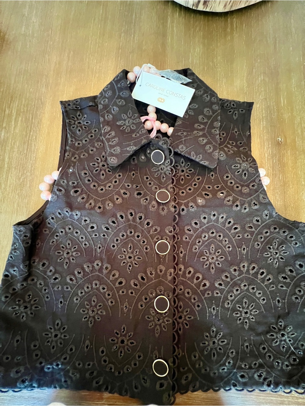 Caroline Constas NWT Brown Eyelet Embroidered Vest & Wide-Leg Pants Set Size L - Picture 3 of 6